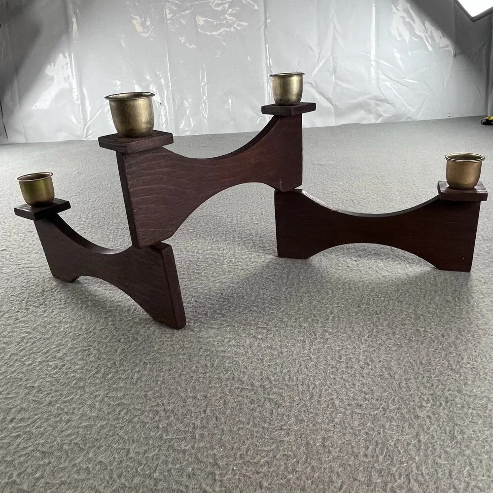 Vintage Danish Teak Style Articulated Folding Wood Brass 4 Light Candelabra MCM